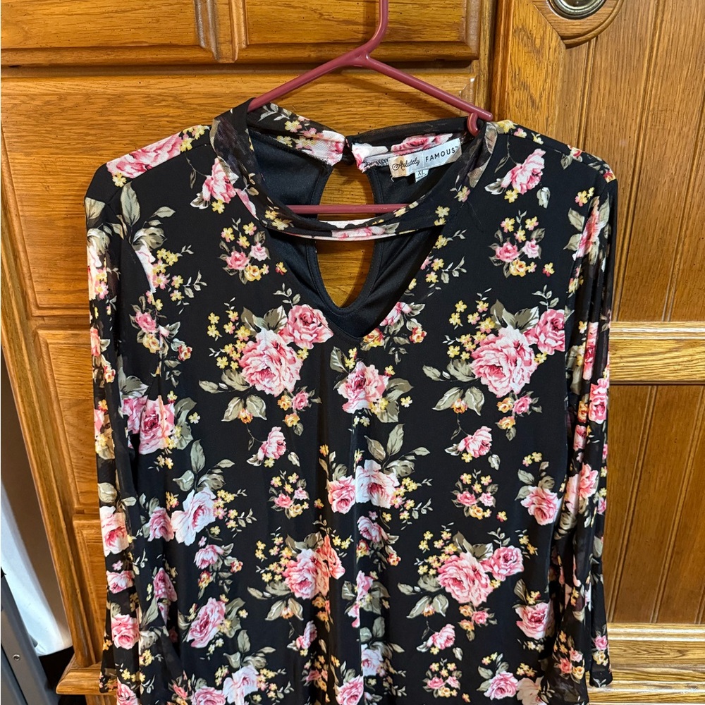 Absolutely Famous Black blouse with Pink Floral Design